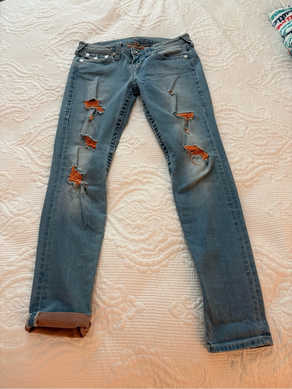 Y2K True Religion Distressed Women’s Skinny Jeans in Blue
